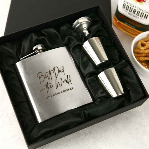 Personalised Engraved Father's Day Silver Hip Flask With Silver Shot Glasses Present