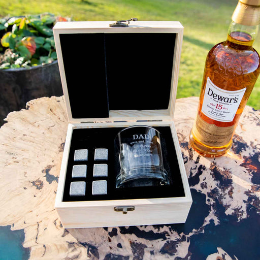 Personalised Engraved Father's Day Wooden Gift Boxed Scotch Glass and Whiskey Stone Set Present