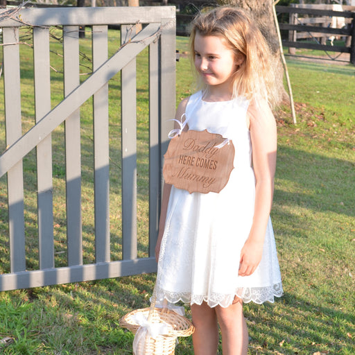 Engraved wooden reception and ceremony flower girl wedding sign