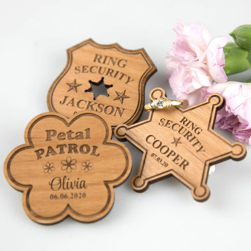 Laser cut and engraved personalised flower girl and page boy wooden badges