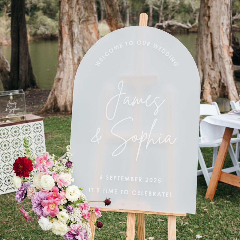 Custom Artwork Printed Wedding Welcome Sign Bride Grooms Name Arch Frosted Acrylic Sign