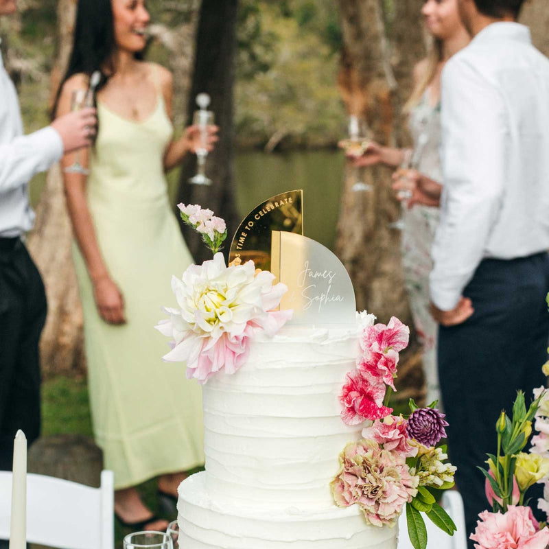Custom Designed Engraved Semi Arch Frosted Gold Wedding Cake Topper