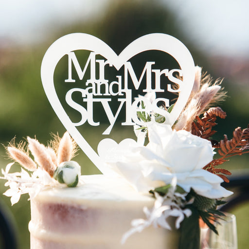 Professionally Laser Cut Mirror Silver Mr & Mrs Surname Heart shaped Acrylic Cake Topper