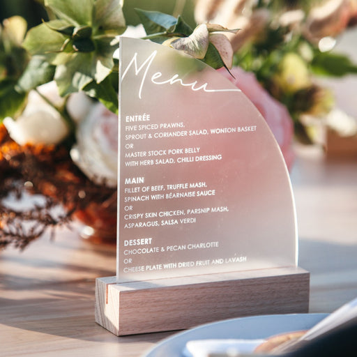 Personalised Engraved Frosted Acrylic Sail Wedding Menu with Wooden Base