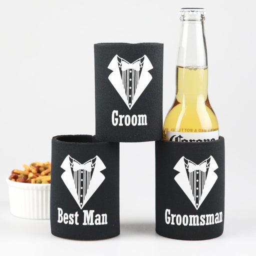 Black & White Printed Suit and Tux Groom, Best Man & Groomsman Stubby Holder Bridal Part Gift.