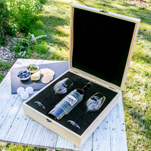 Personalised Engraved Corporate Logo Wine Bottle and Glasses Wooden Gift Box Set