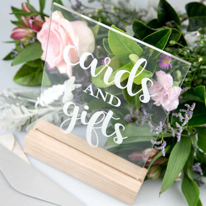 Engraved Clear Acrylic Gifts & Cards Sign with Wooden Base