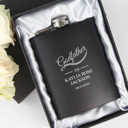 Customised engraved Godparent's Godfather Black Hip Flask Present in gift box