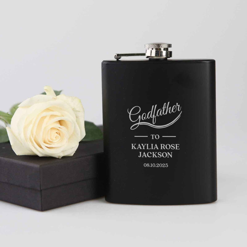 Custom Engraved Name Godparent Black Hip Flask