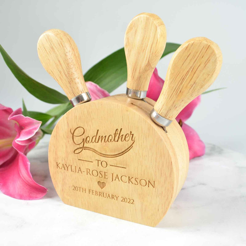 Customised Engraved Godparent Wooden 3 Piece Cheese Knife Block Set Present- Godmother