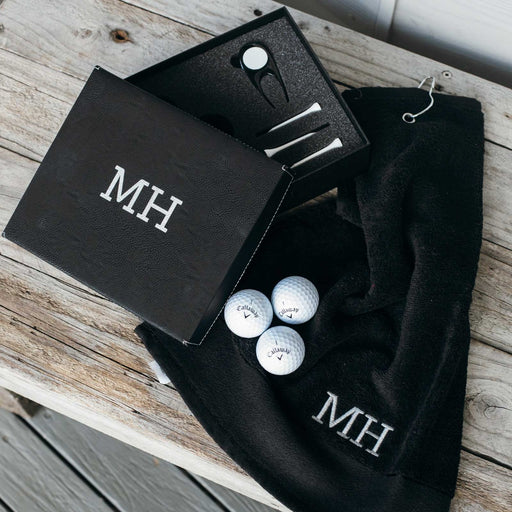 Personalised Black Engraved Leatherette Golf Gift Set with Embroidered Golf Towel