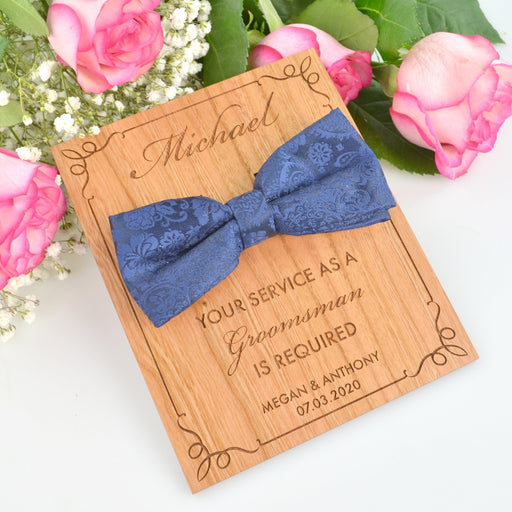 Personalised engraved bow tie wooden groomsman acceptance card