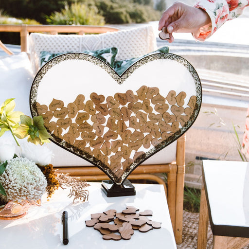 Laser cut Wooden Heart shapes in heart shaped Wedding Guest Book