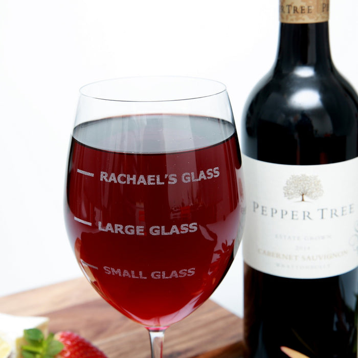 Customised Engraved 745ml Birthday wine glass present labelled with recipient's name, large glass and small glass