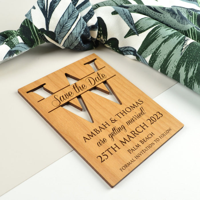 Personalised engraved wooden save the date