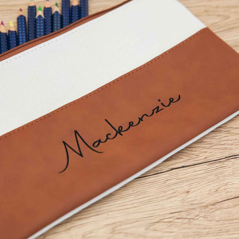 Custom Artwork Engraved Name Tan White Leatherette Pencil Case Birthday Present