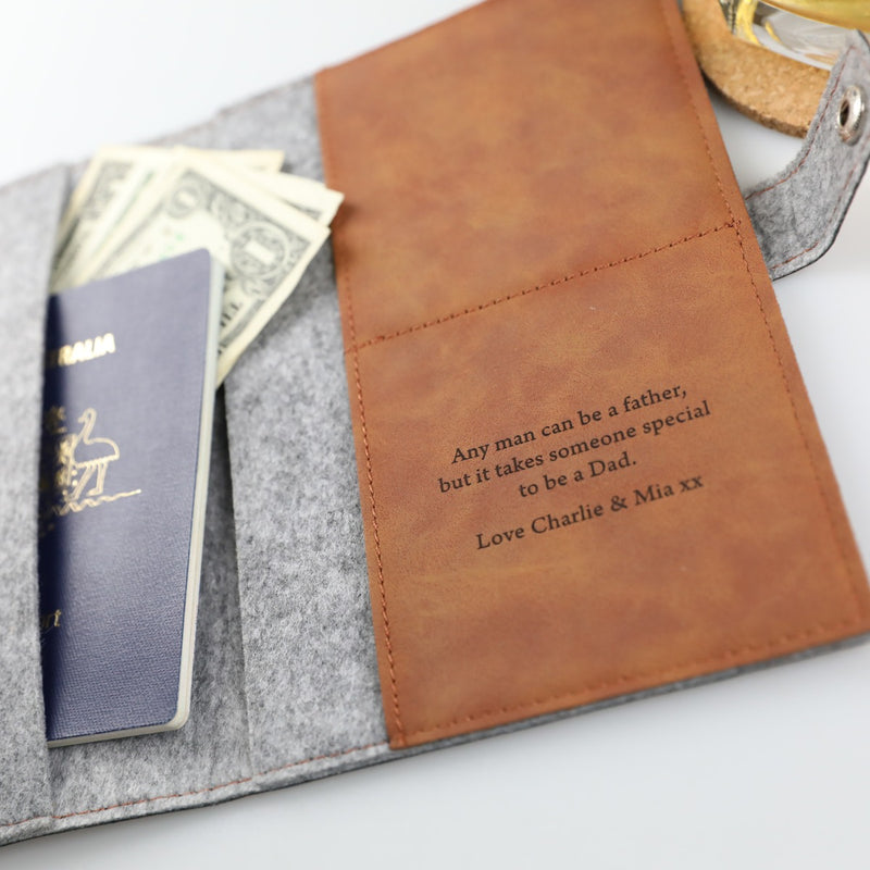 Personalised Engraved Christmas "Any man can be a Father, but it takes someone special to be a dad" Tan Leather Passport Holder Present