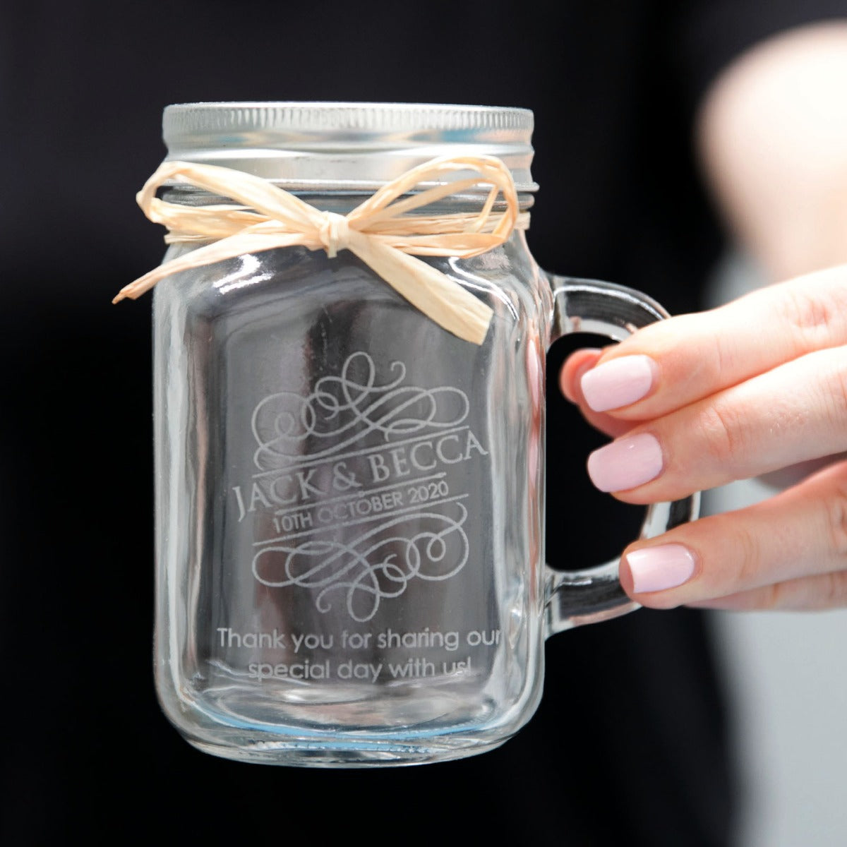 Engraved Mason Jar Glass Mug Wedding Favour | Personalised Favours, image size:1200x1200