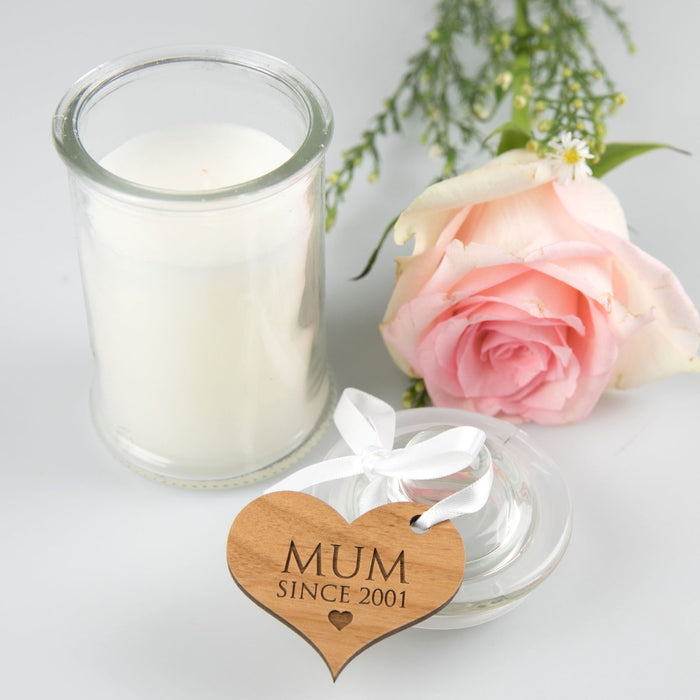French Tipped Jasmine Mother's Day Candle with Personalised Engraved Heart Shaped Wooden Gift Tag Present