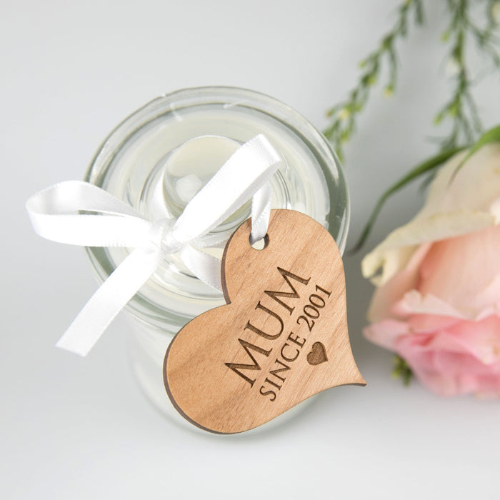 French Tipped Jasmine Mother's Day Candle with Customised Engraved Heart Shaped Wooden Gift Tag Present