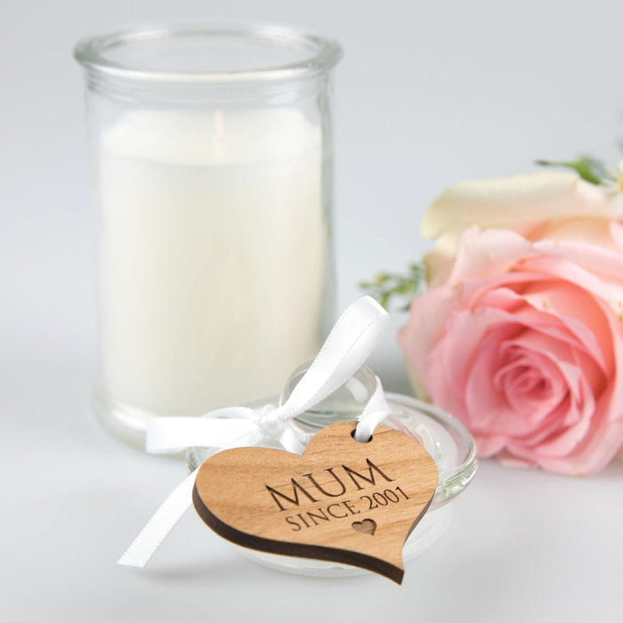 French Tipped Jasmine Mother's Day Candle with Custom Designed Engraved Heart Shaped Wooden Gift Tag Present