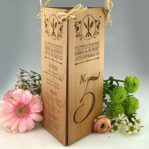 Personalised engraved wedding reception wooden menu and table number centrepiece