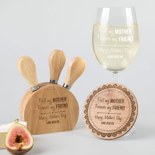 Personalised Engraved Mother's Day 'Me Time' Hamper Present- Wine glass, wooden Coaster and cheese knife set