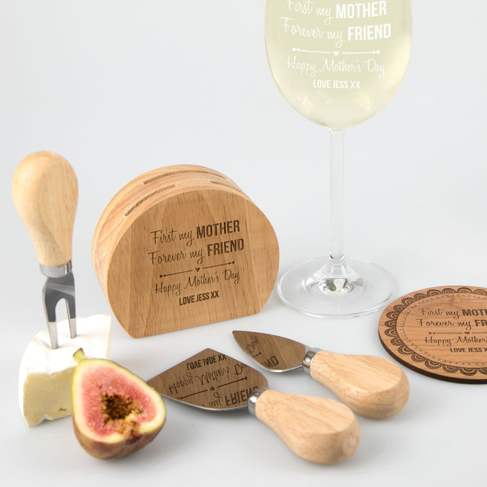 Custom Designed Engraved "First my Mother, Forever my Friend" Mother's Day Hamper Present- Wine glass, wooden Coaster and cheese knife set
