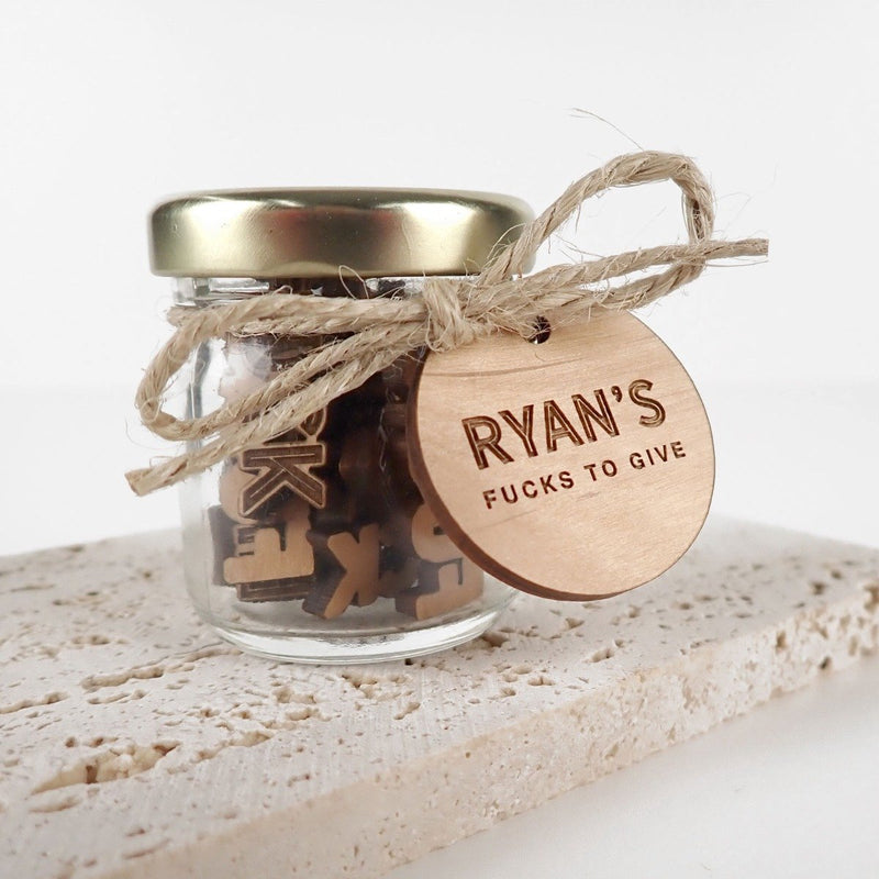 Personalised Engraved Mini Glass Jar of F*cks with Gift Tag