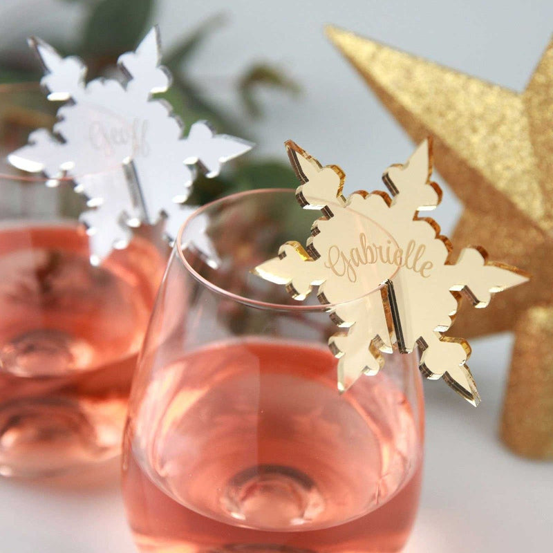 Custom Designed Mirror Silver & Gold Acrylic Christmas Snowflake Glassware Placecards