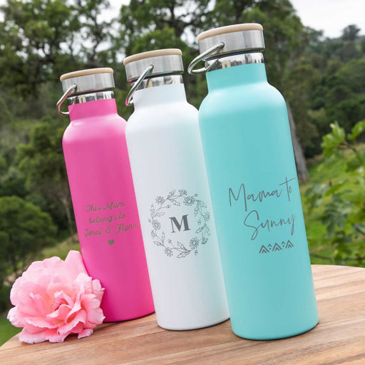 Personalised Engraved Stainless Steel Insulated Mother's Day Pink, White and Aqua Drink Bottle Present