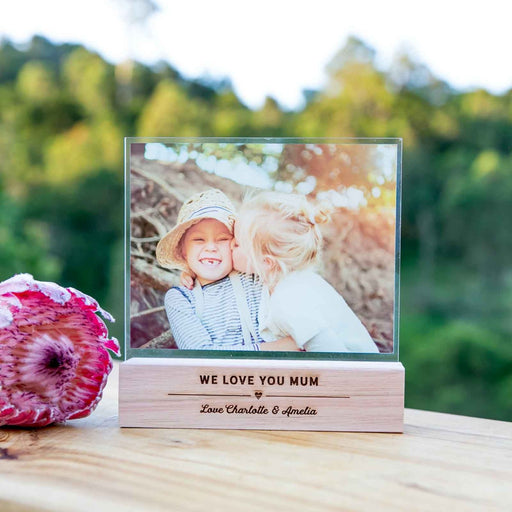 Personalised Colour Printed Acrylic Photo Print with Engraved Wooden Base Mother's Day Present