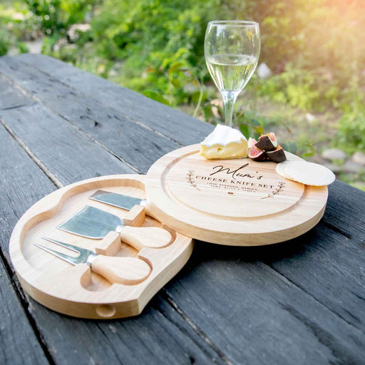 Personalised Engraved Wooden Mother's Day 3 Piece Cheese Knife Set and Serving Board Present