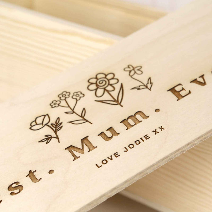 Custom Artwork Engraved Mother's Day Natural Wood Wine and Champagne Box with Engraved Lid Present