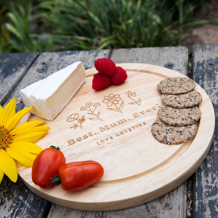 Custom Artwork Engraved Mother's Day Wooden Round Cheese Serving Platter Board