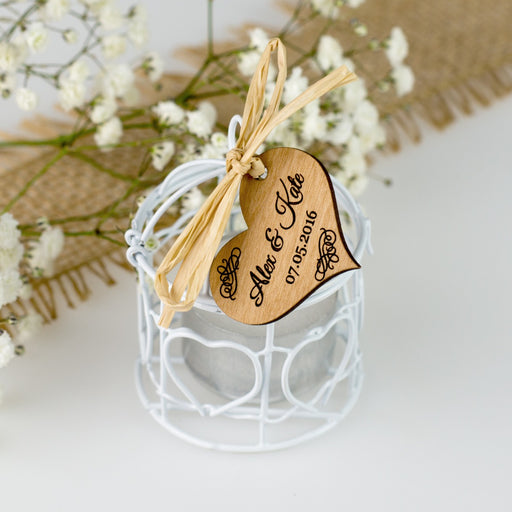 Tealight Candle Holder With Engraved Wooden Tag For Wedding
