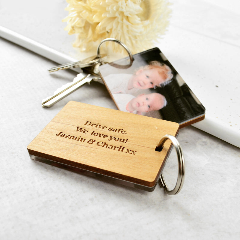 Customised Photo Printed Clear Acrylic Keyring With Wooden Engraved Message Backing