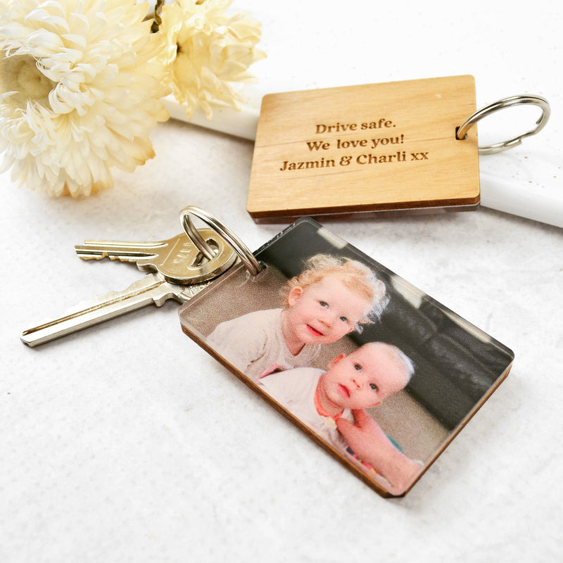 Custom Designed Photo Printed Clear Acrylic Keyring With Wooden Engraved Message Backing Birthday Present