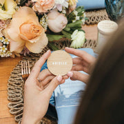 Customised White Printed Name Bamboo Round Wedding Reception Place Cards