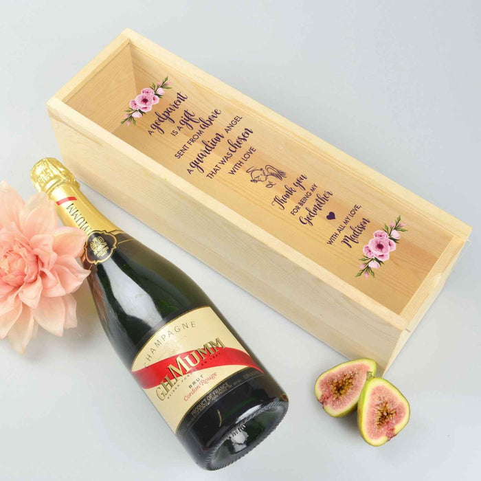 Custom Designed Colour Printed Godparents Wooden champagne or wine box with clear acrylic lid.