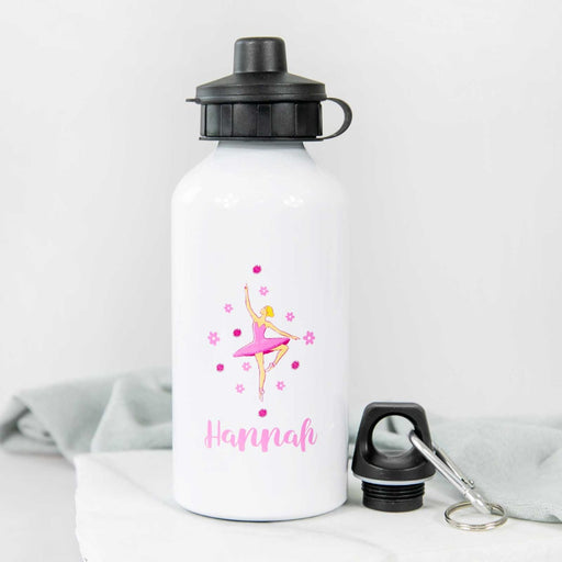 Custom Printed White Kids water Bottle with Pink Ballerina Design and Name