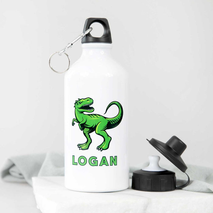Custom Artwork Printed Name Green Dinosaur on White Kids Water Bottle 500ml