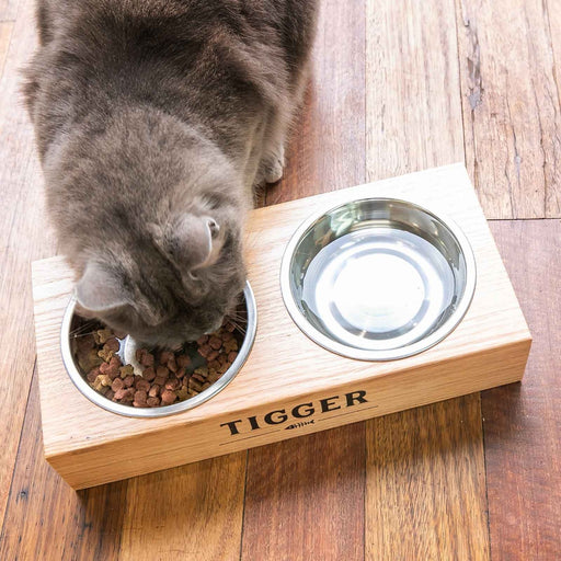 Customised Black Printed Wooden Cat Dog Feeding Station with Stainless Steel Pet Bowls