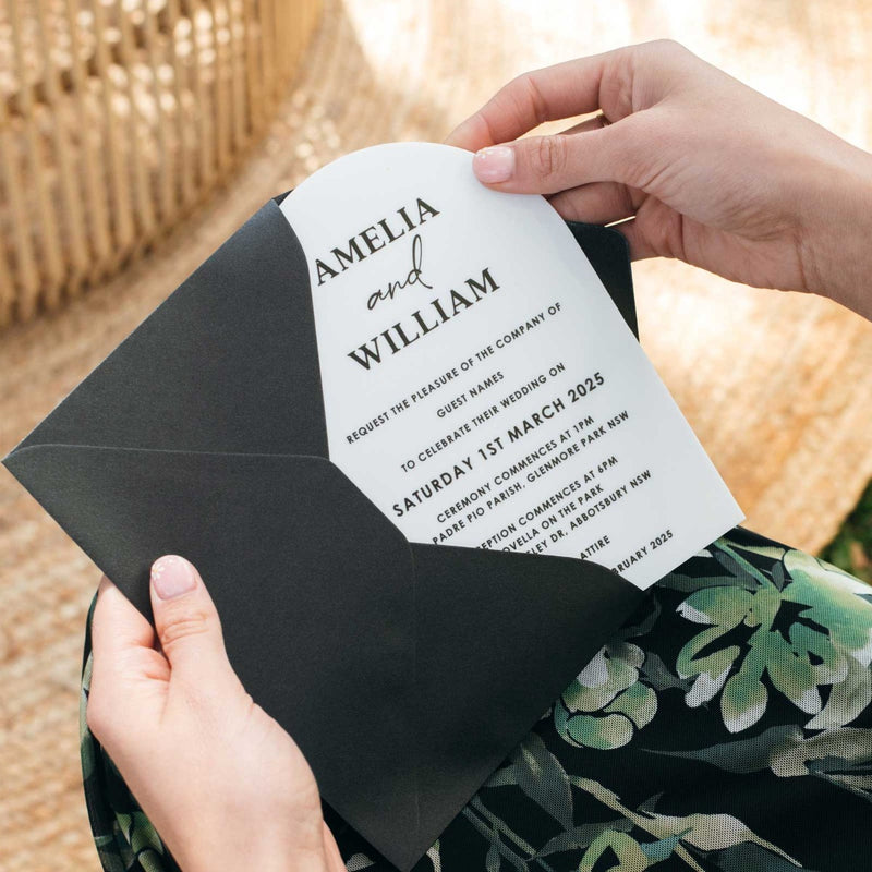 Custom Designed Black Printed White Arch Acrylic Wedding Invitation