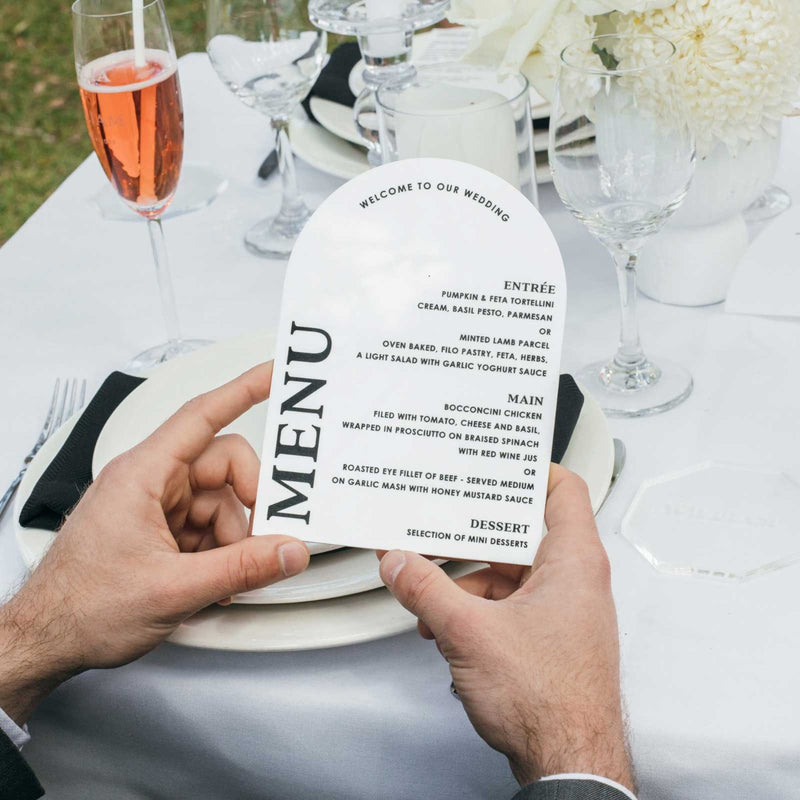 Personalised Black Printed White Acrylic Wedding Arch Menu