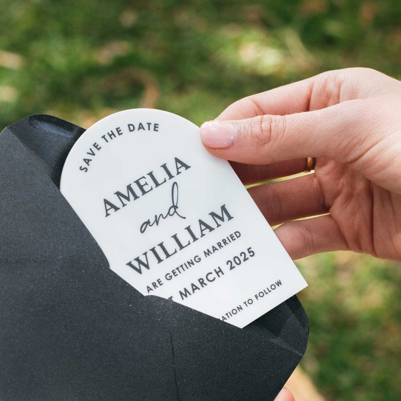 Custom Artwork Black Printed White Acrylic Arch Save the Date Wedding Invitations