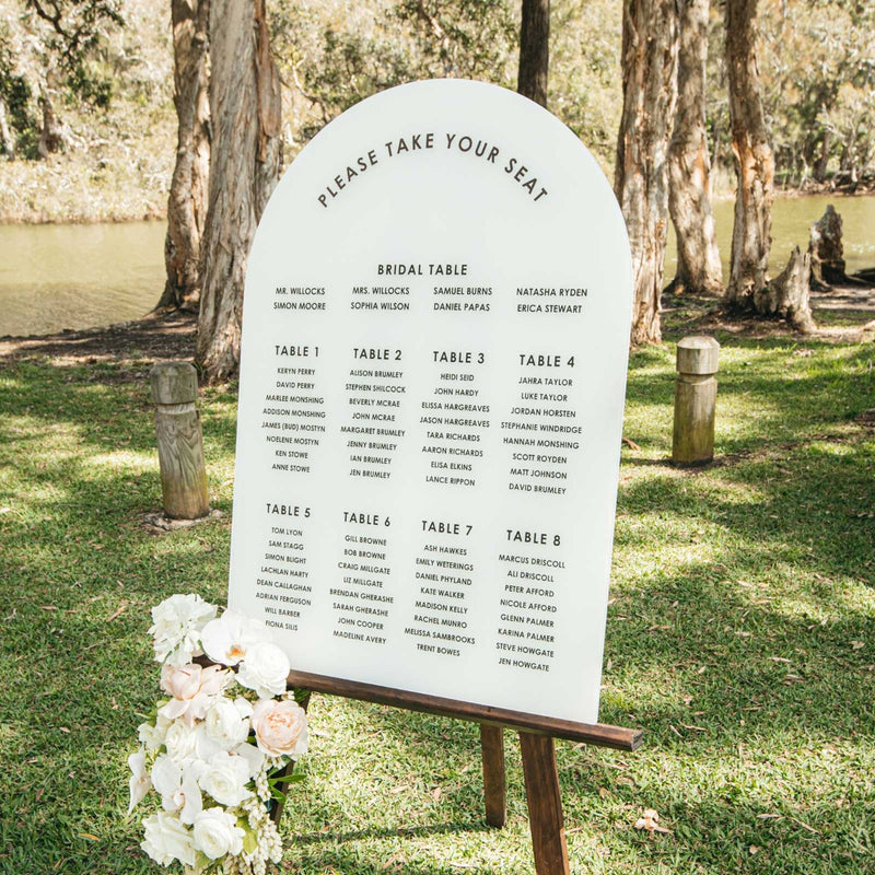 Custom Artwork White Printed A1 Size White Acrylic Arch Wedding Seating Chart