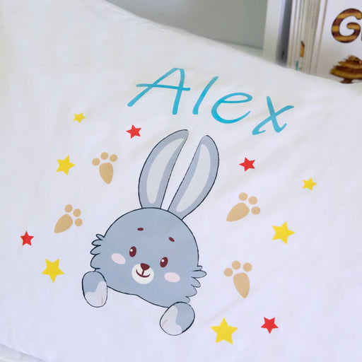 Customised Printed White pillowcase with Grey Bunny Rabbit Birthday Gift