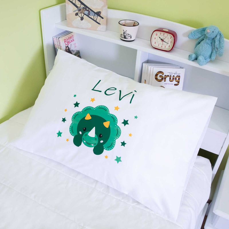 Custom Green Printed White Pillowcase with Dinosaur Design