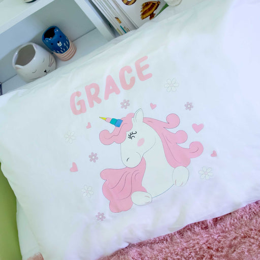 Personalised Printed White PolyCotton Unicorn Name Pillowcase